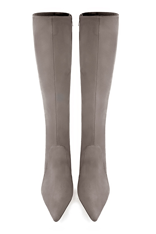 Bronze beige women's feminine knee-high boots. Pointed toe. Very high spool heels. Made to measure. Top view - Florence KOOIJMAN